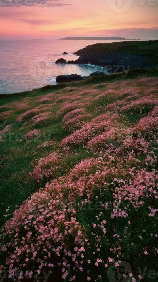 kustlijn gedekt in roze bloemen door de zee. generiek ai foto