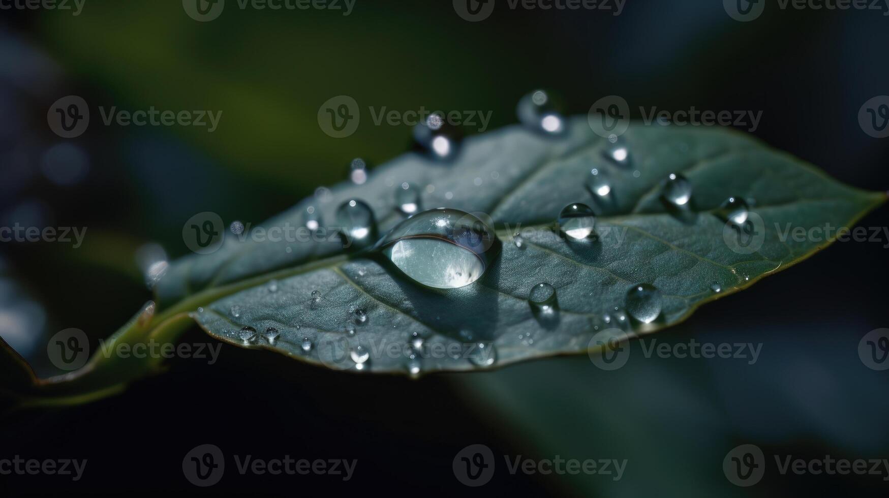 dichtbij omhoog visie van regendruppels Aan groen blad. generatief ai foto