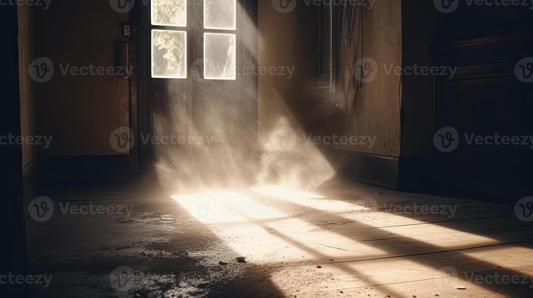 stoffig kamer met oud verontrust ramen en zon stralen. verlaten grungy interieur met lichten in de stof. gegenereerd ai. foto