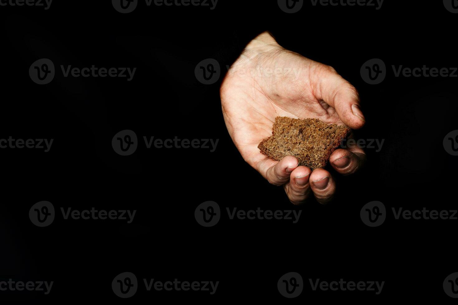 palm van een Onderdaan vrouw met rogge brood Aan een zwart kleding stof. , palm van een Onderdaan vrouw met haver granen Aan een zwart kleding stof. foto