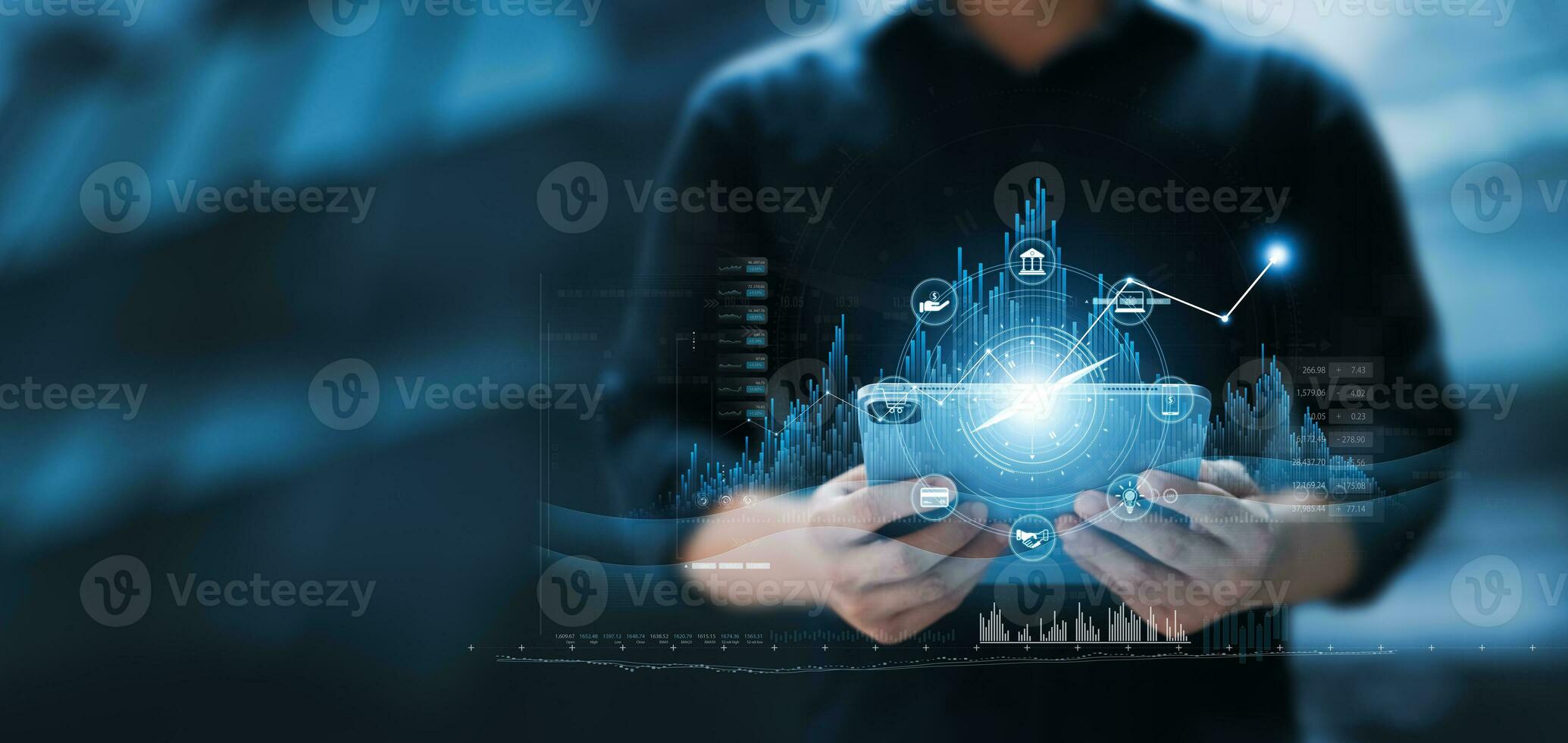 zakenman gebruik makend van tablet analyseren bedrijf groei diagram gegevens en voortgang, kompas van navigeren leidend markt richting. investering, bank en financiën, bedrijf strategie. globaal economie. foto