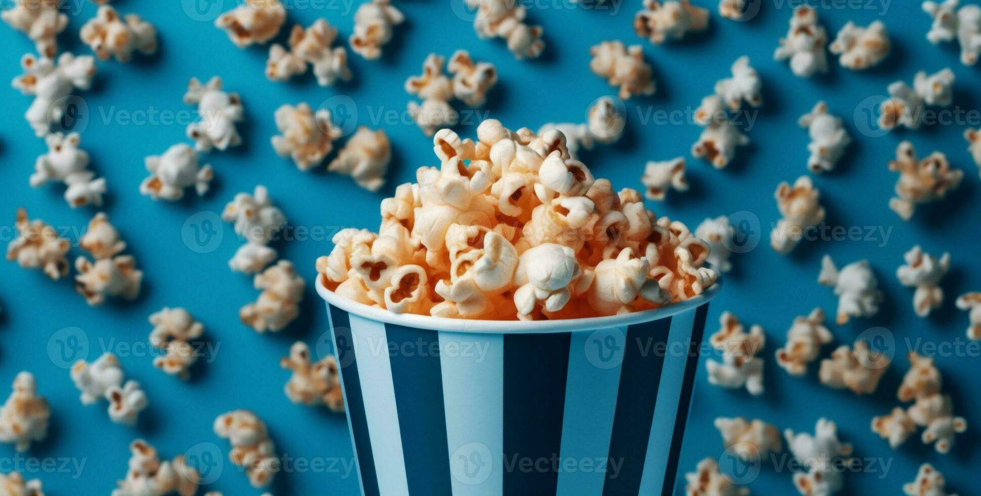 popcorn blauw bioscoop voorwerp vermaak doos wit achtergrond tussendoortje maïs voedsel. generatief ai. foto