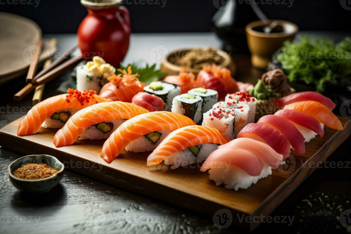vis rollen Japan Japans sushi reeks rijst- zeevruchten voedsel maaltijd. generatief ai. foto
