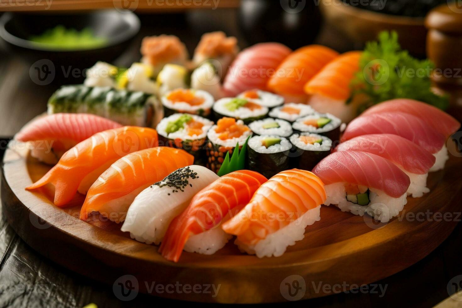 rijst- maaltijd Japans sushi vis zeevruchten reeks rollen voedsel Japan. generatief ai. foto