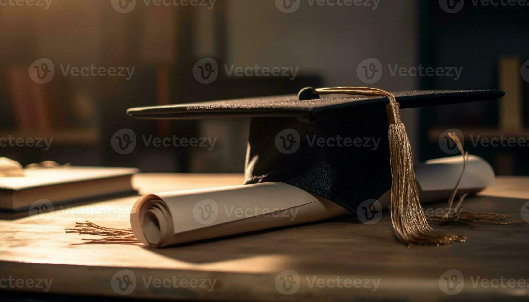 stack van diploma's Aan antiek boekenplank achtergrond gegenereerd door ai foto