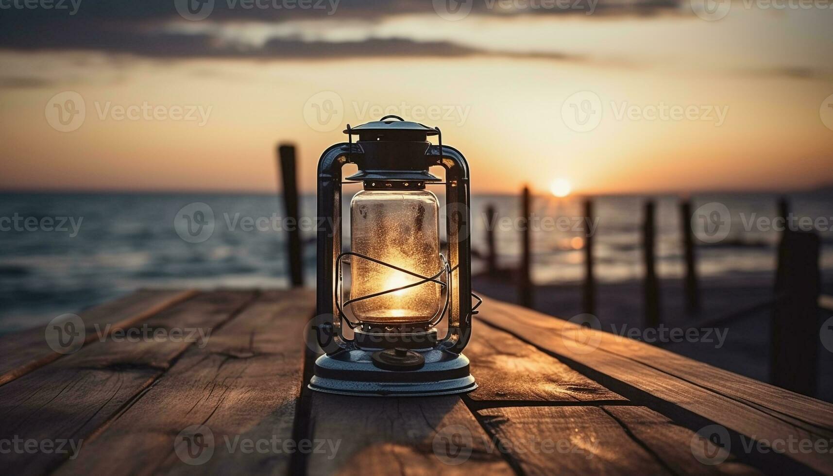 gloeiend lantaarn Aan rustiek houten tafel Bij schemer gegenereerd door ai foto