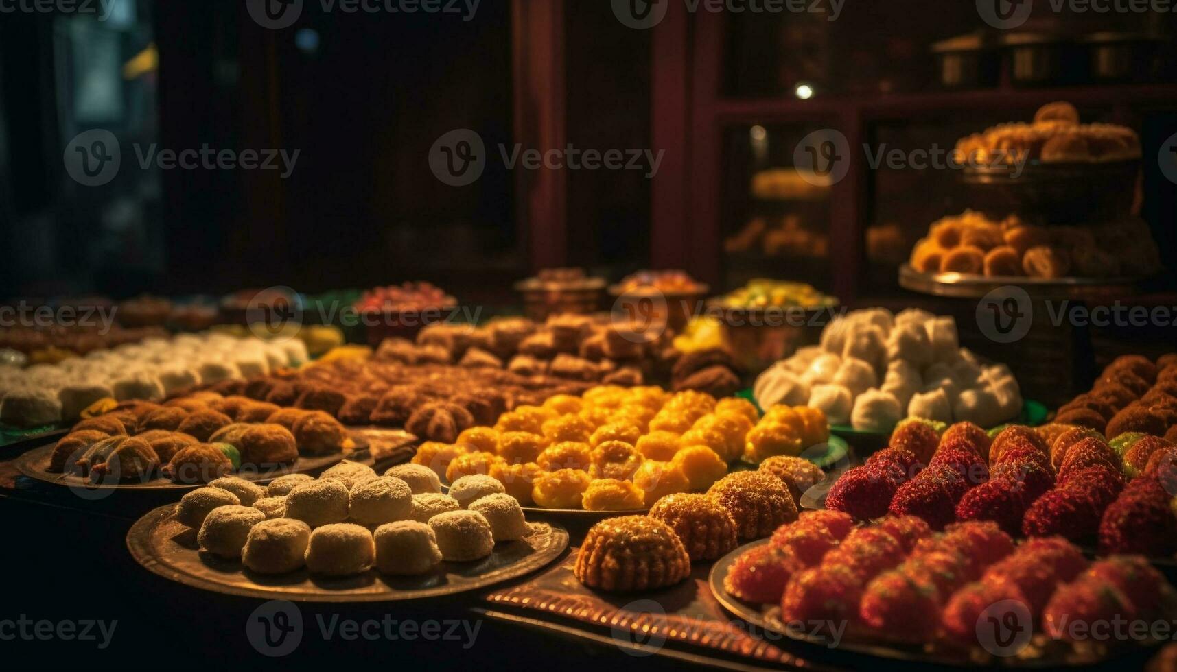 multi gekleurde desserts in een rij, een fijnproever toegeeflijkheid gegenereerd door ai foto