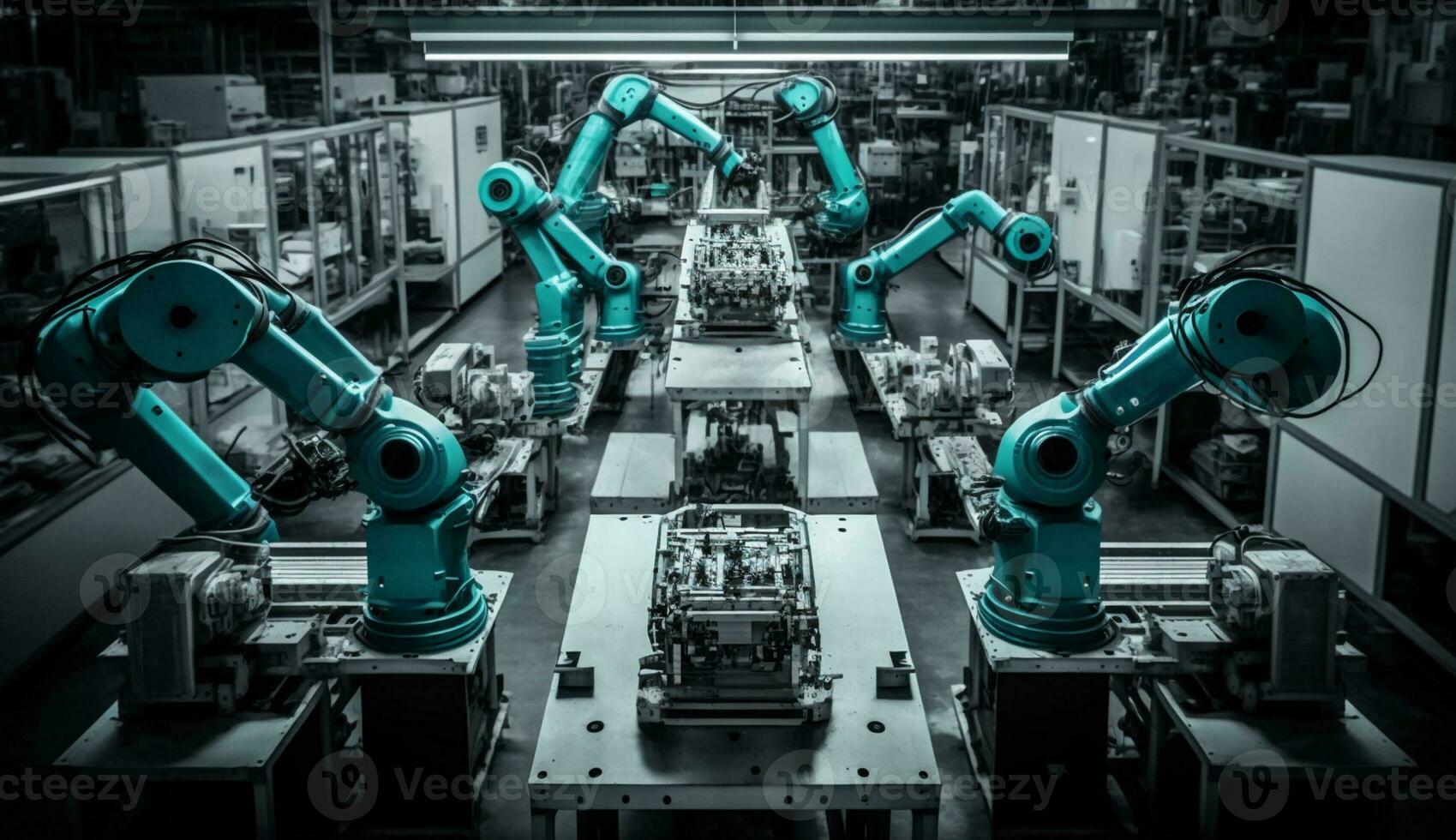 robot armen werken Aan staal productie lijn gegenereerd door ai foto