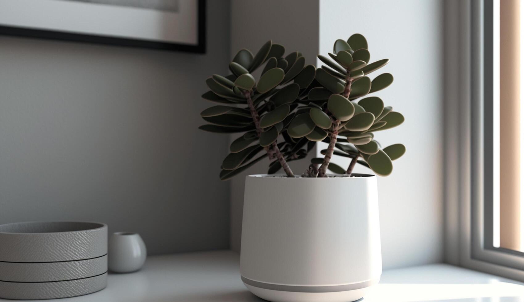 binnen- huiselijk tafel decor vaas fabriek en bloem pot gegenereerd door ai foto