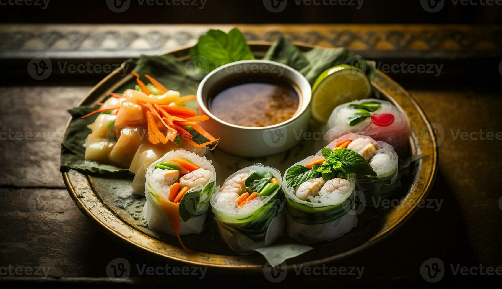 vers zeevruchten lunch bord met sashimi en rijst- ,generatief ai foto