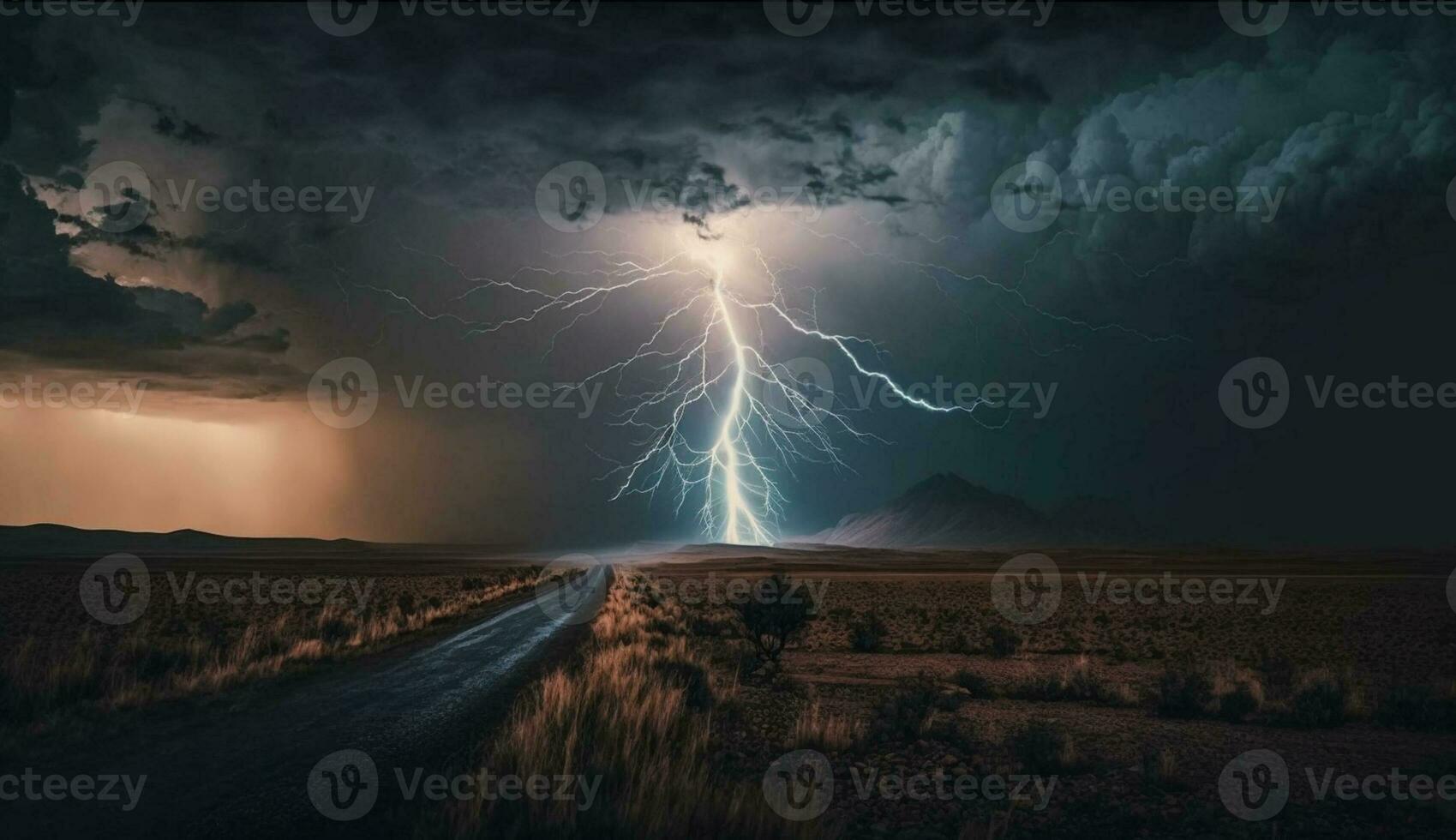 woede elektriciteit, gevaarlijk onweersbui onder donker lucht ,generatief ai foto