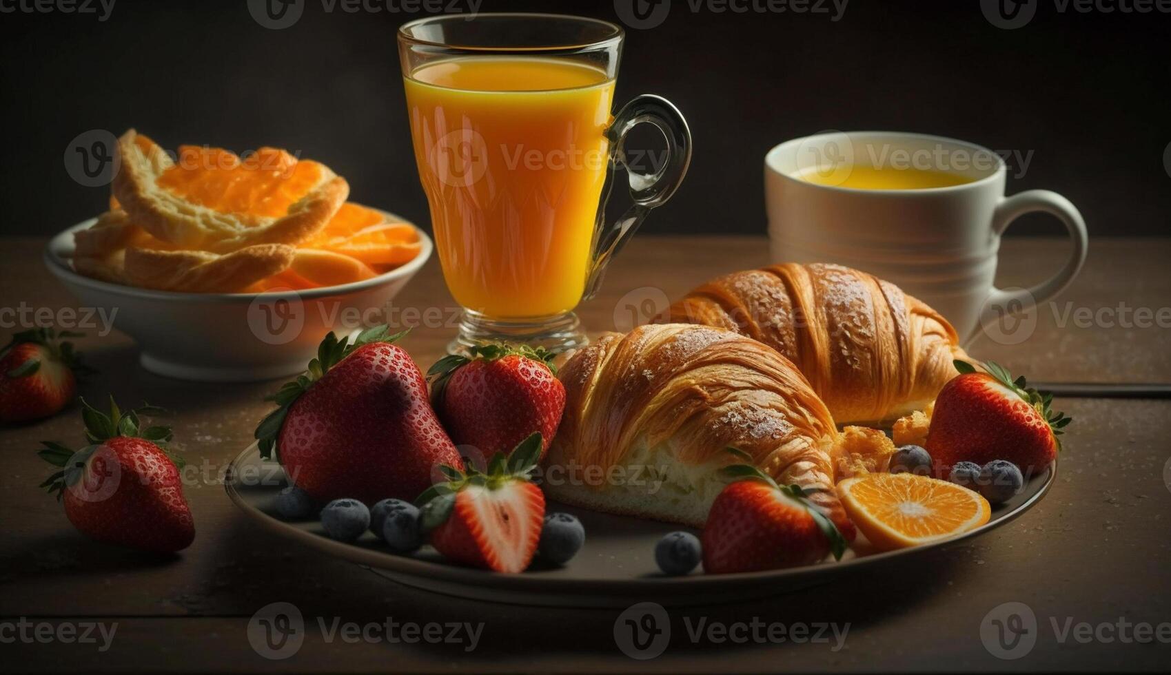 vers fruit en gebakken goederen Aan houten tafel ,generatief ai foto