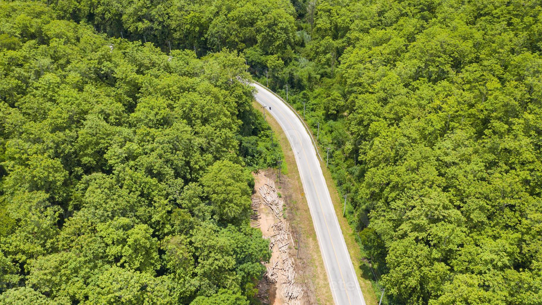 luchtfoto bovenaanzicht van een provinciale weg die door een bos achtergrond loopt foto