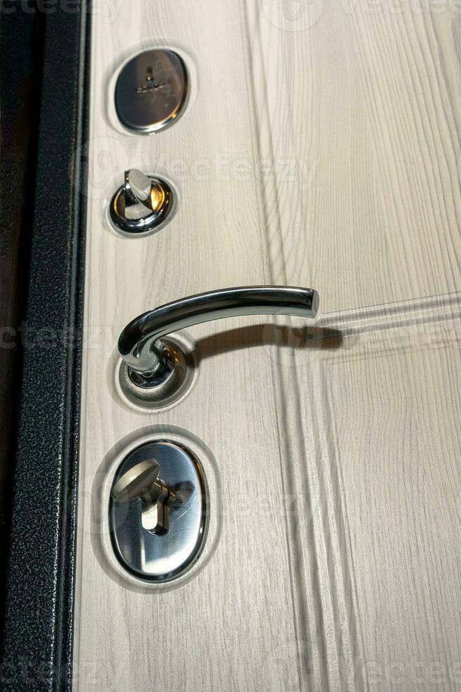 modern betrouwbaar metaal deur met houten interieur decor en verdrievoudigen zegel foto