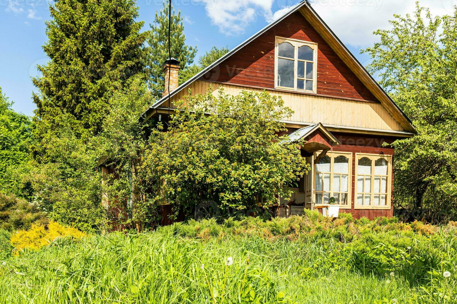 oud houten huisje in met gras begroeid binnenplaats in dorp foto