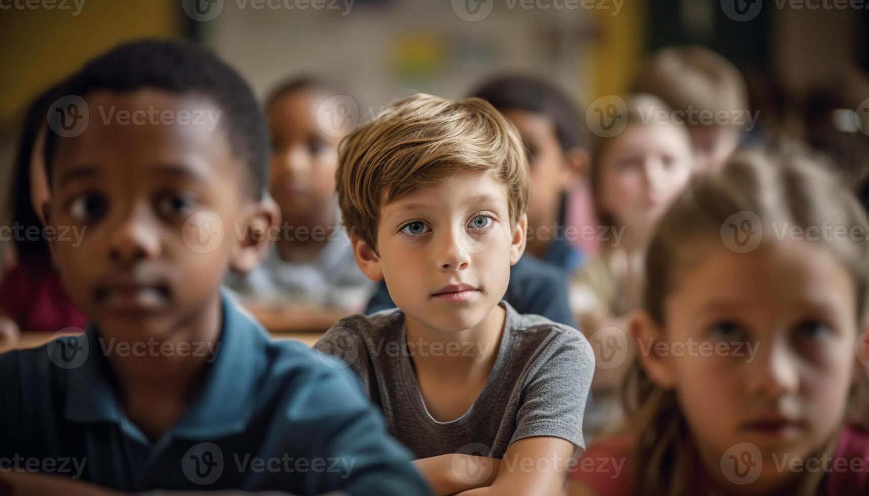 een groep van vrolijk school- kinderen zittend binnenshuis, aan het studeren samen gegenereerd door ai foto