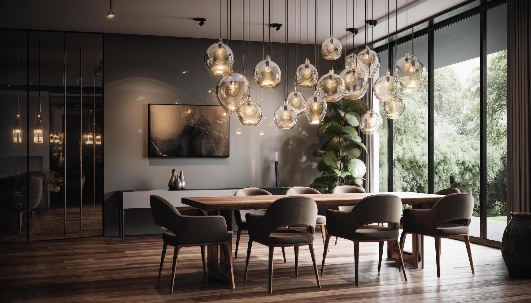 modern luxe appartement met elegant ontwerp, comfortabel stoel en glimmend verlichting gegenereerd door ai foto