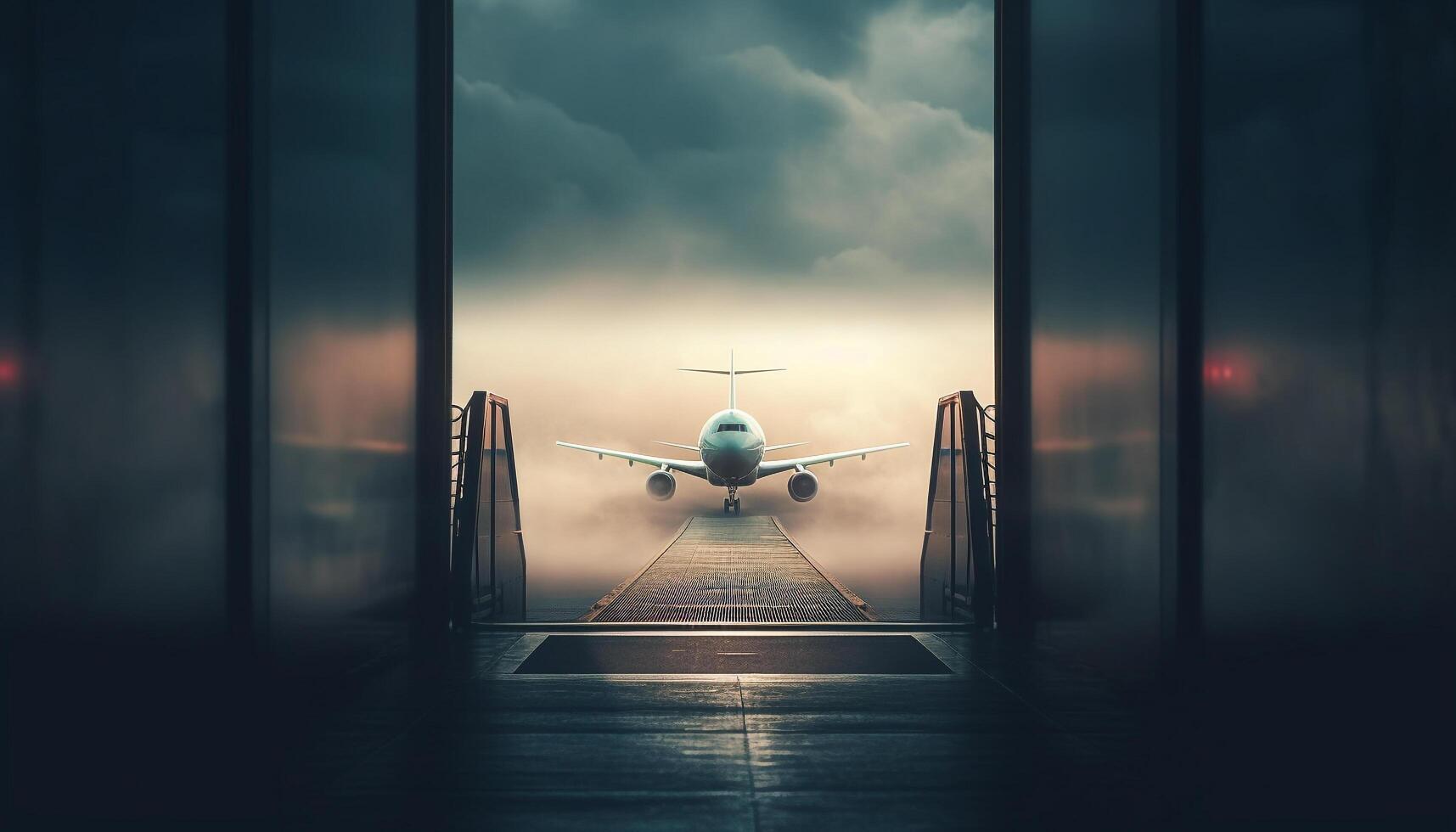 vliegend hoog in een modern reclame vliegtuig, nemen uit in zonsondergang gegenereerd door ai foto
