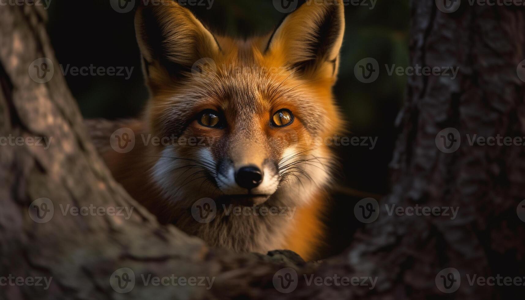 rood vos, een schattig zoogdier, op zoek Bij camera in wildernis gegenereerd door ai foto