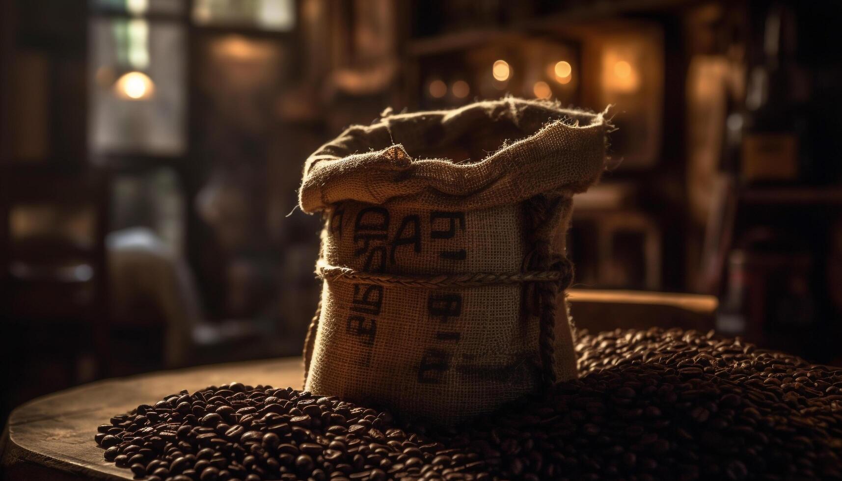 rustiek jute zak houdt vers koffie bonen voor fijnproever verfrissing gegenereerd door ai foto