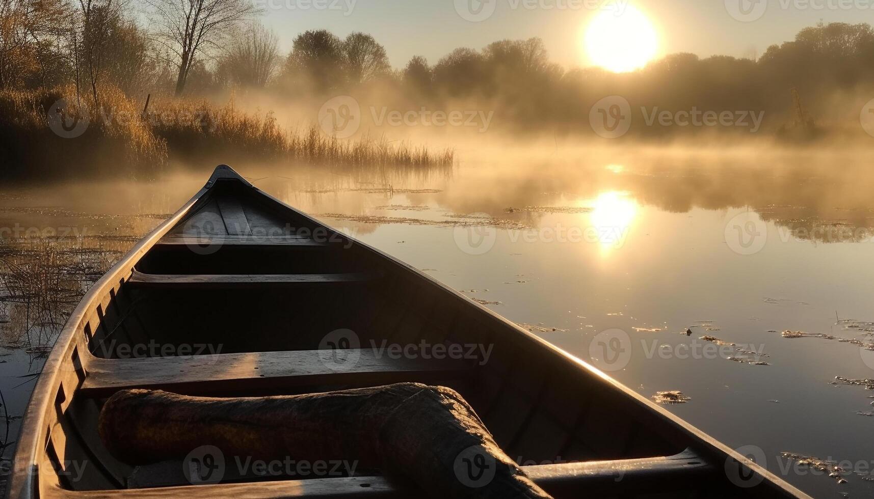 roeiboot glijdt Aan rustig vijver, reflecterend herfst Woud schoonheid gegenereerd door ai foto