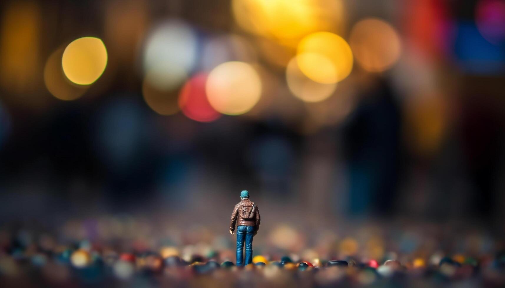 onherkenbaar zakenman wandelen door kleurrijk, onscherp stad nachtleven backdrop gegenereerd door ai foto
