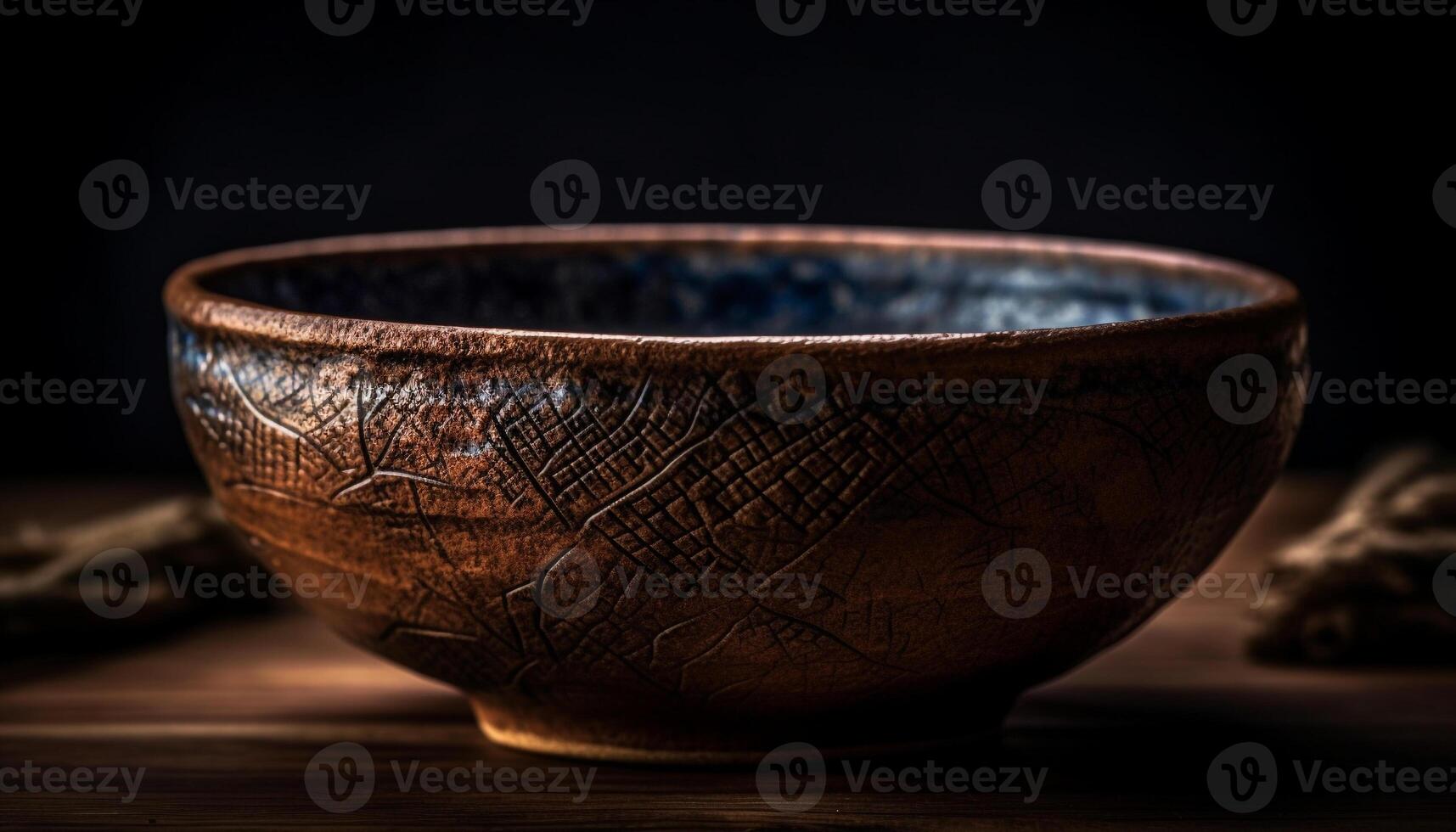 antiek terracotta bloem pot Aan rustiek houten tafel, leeg voorgrond gegenereerd door ai foto