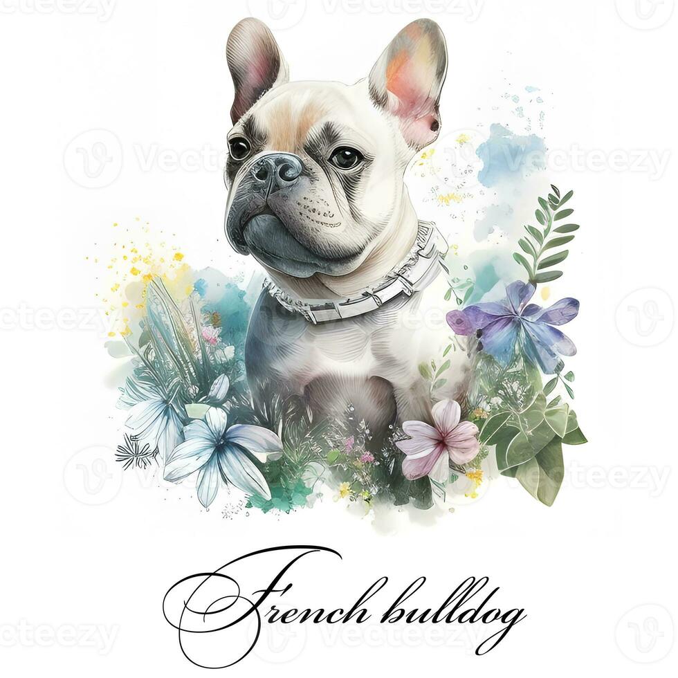 waterverf illustratie van een single hond ras Frans bulldog met bloemen. ai gegenereerd. hond portret. foto
