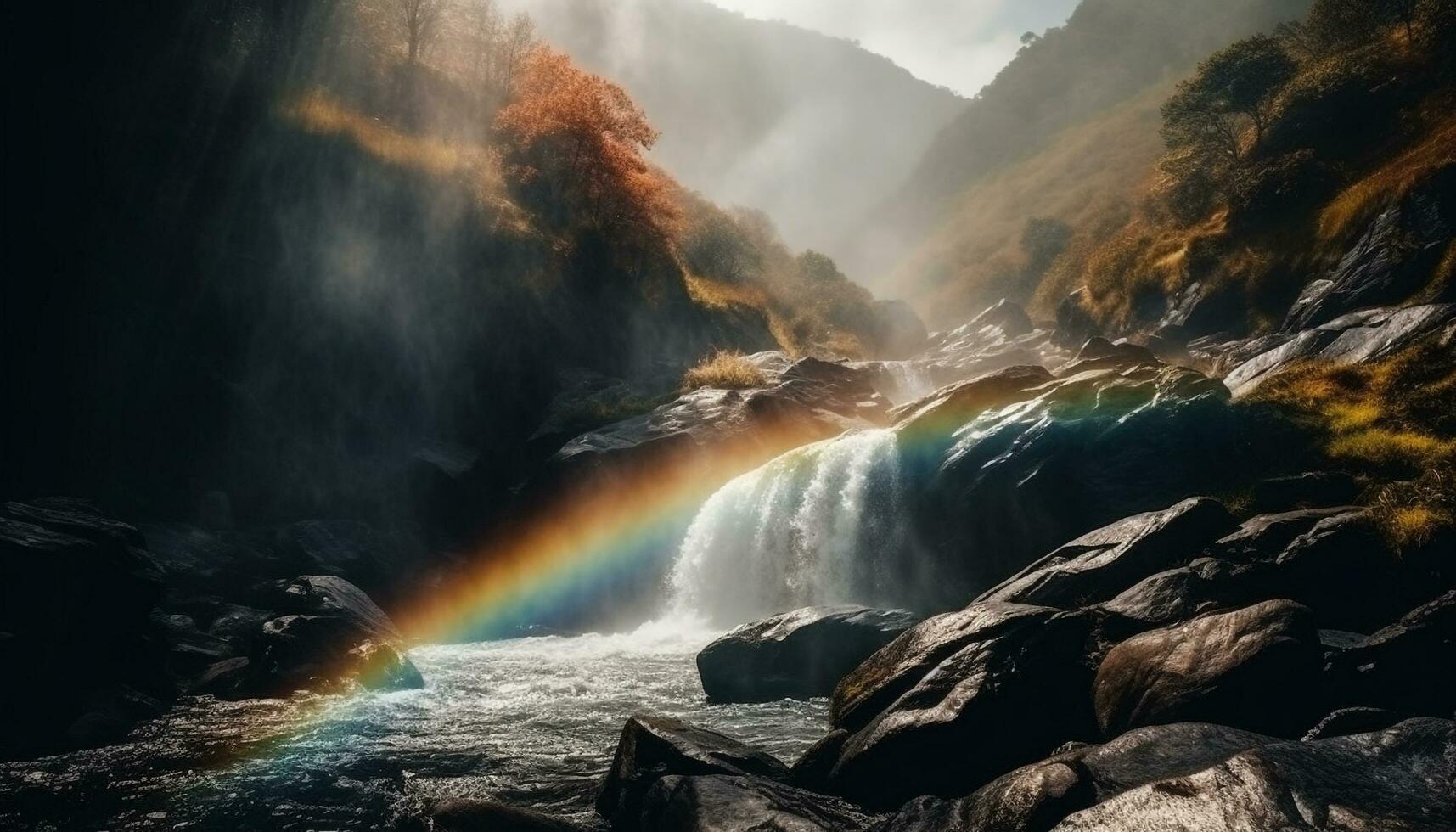 majestueus berg bereik, rustig tafereel, vloeiende water gegenereerd door ai foto