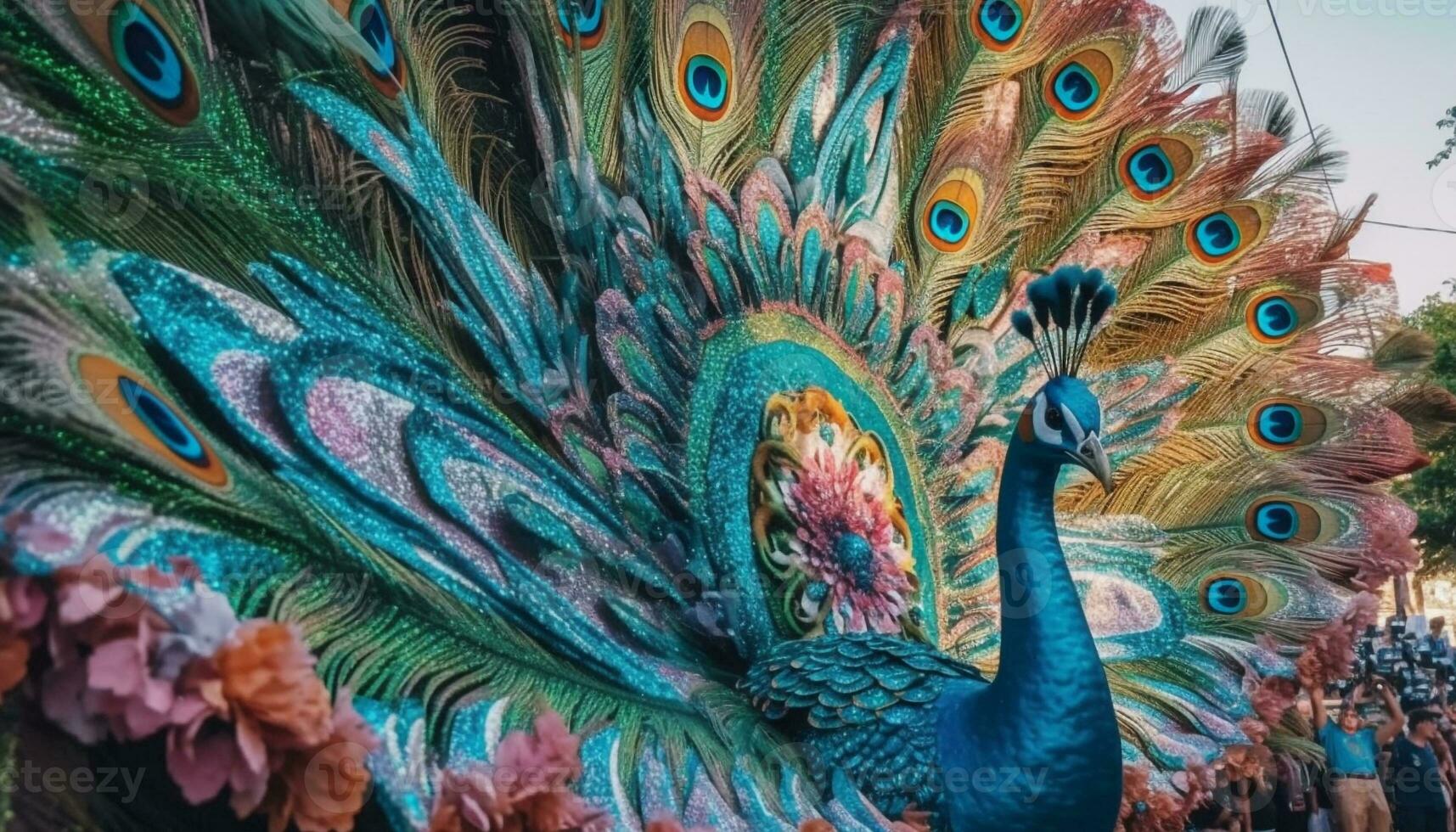 majestueus Pauw wordt weergegeven overladen multi gekleurde staart veren gegenereerd door ai foto