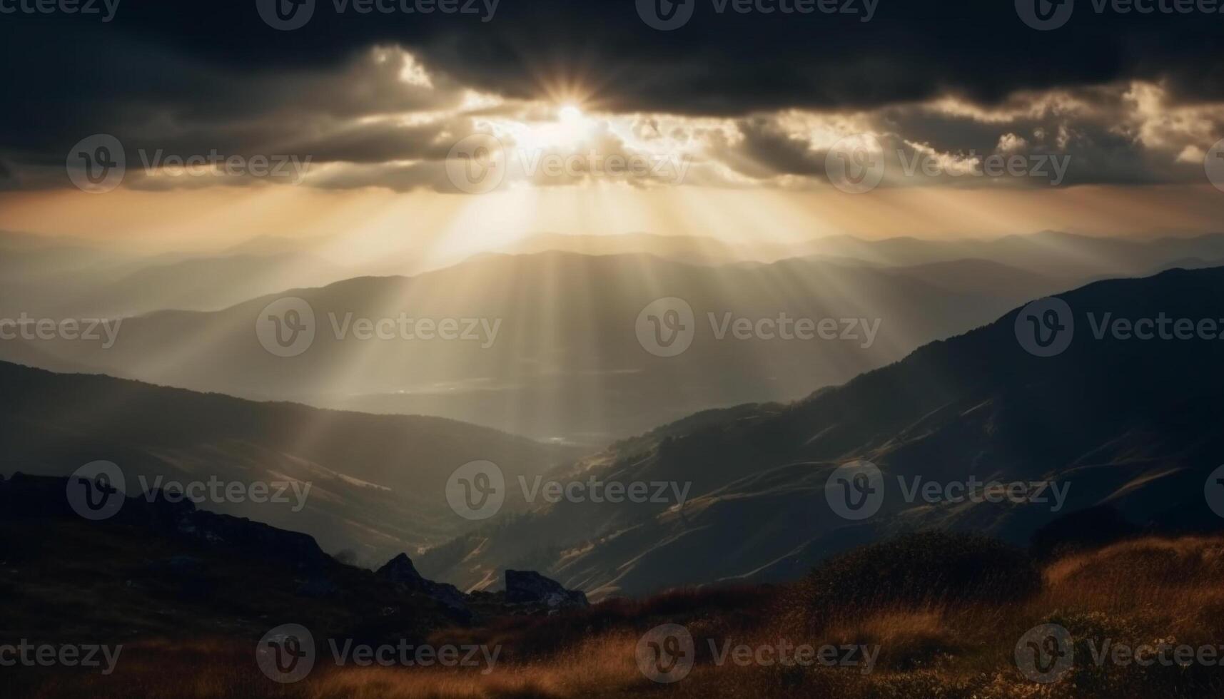 majestueus berg bereik, terug lit door zonsondergang gegenereerd door ai foto