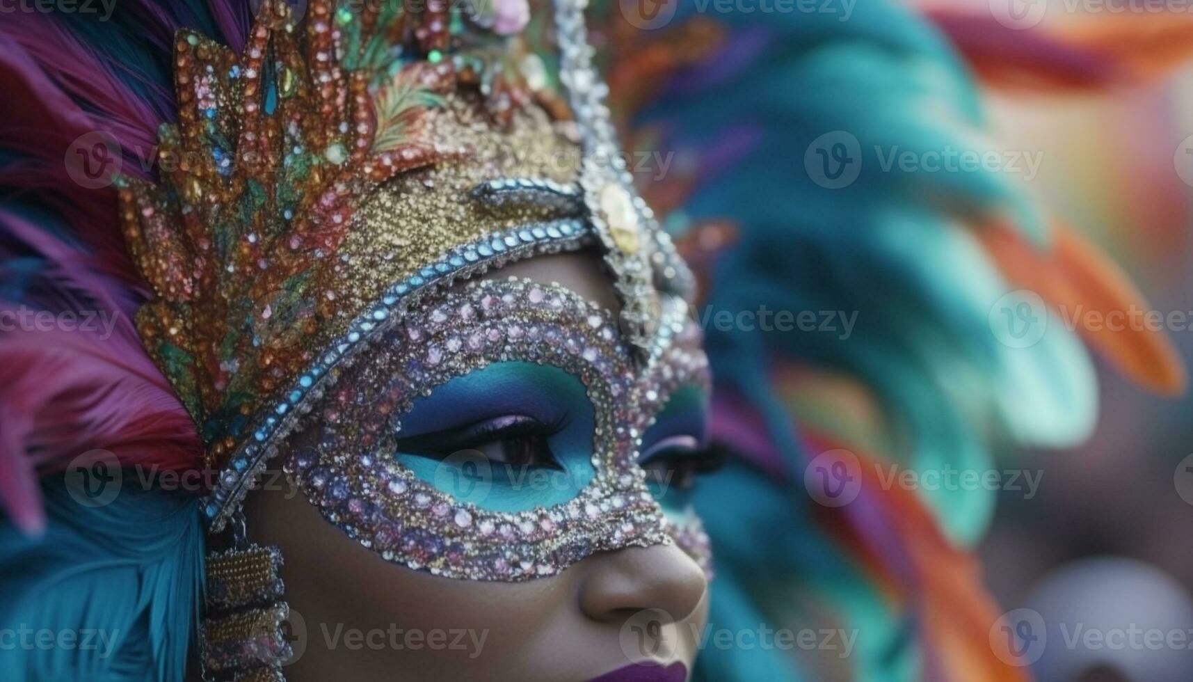 kleurrijk carnaval danser dons gevederde masker en kostuum gegenereerd door ai foto