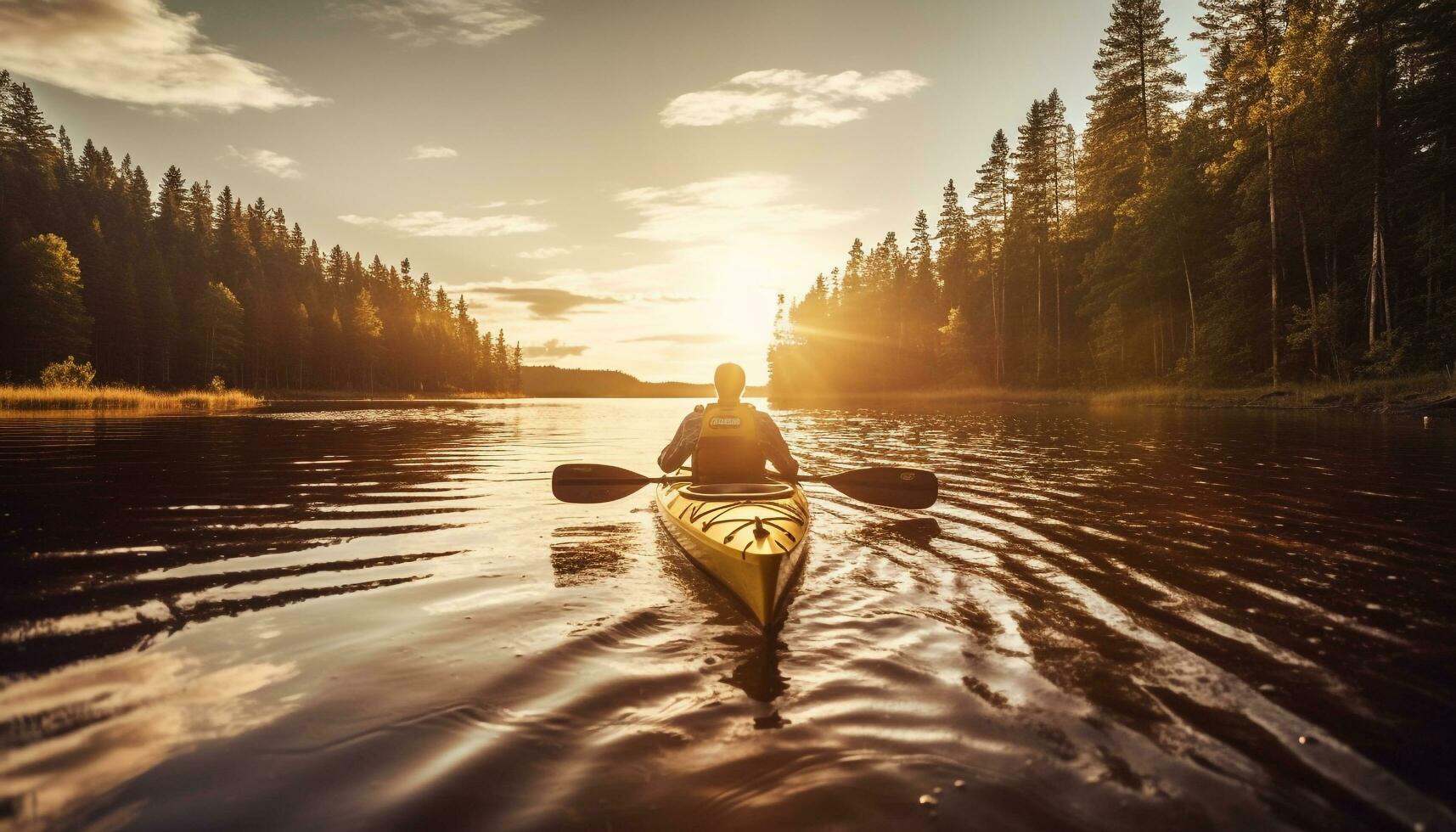 zonsondergang kanoën avontuur, rustig schoonheid in natuur gegenereerd door ai foto