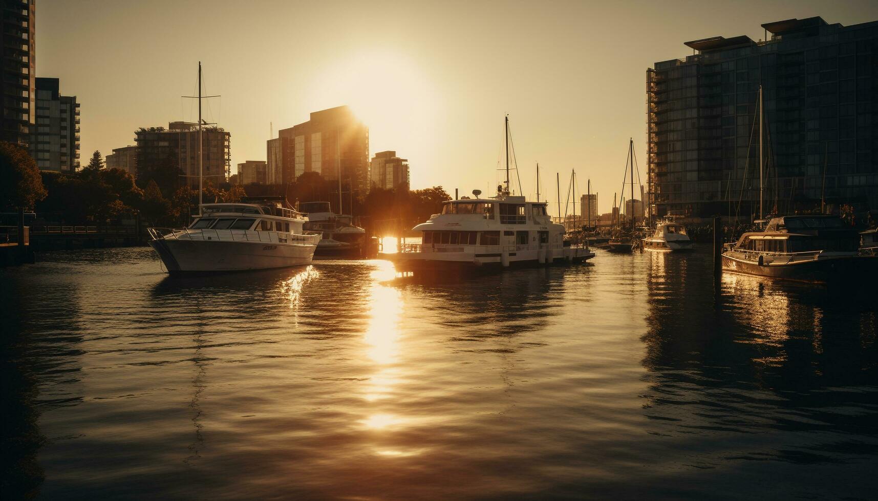 luxe jacht zeilen in rustig stadsgezicht zonsondergang gegenereerd door ai foto