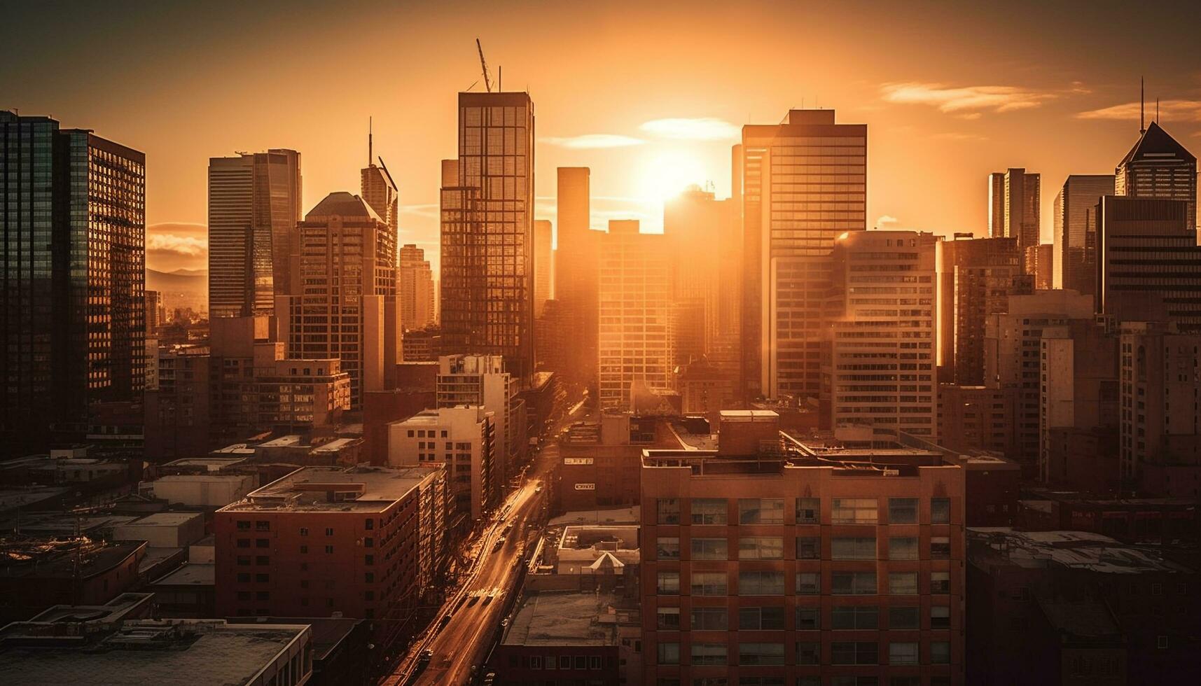 gloeiend wolkenkrabbers verlichten de druk stadsgezicht Bij schemer gegenereerd door ai foto