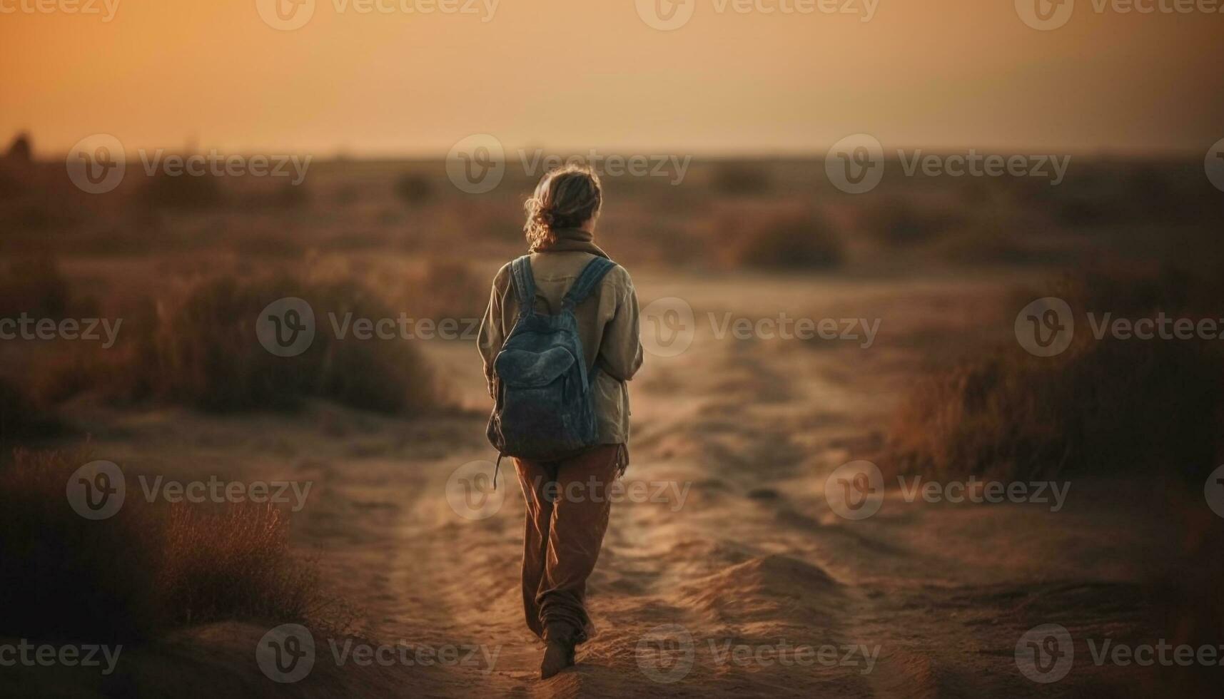 jong vrouw wandelen in natuur Bij zonsondergang gegenereerd door ai foto
