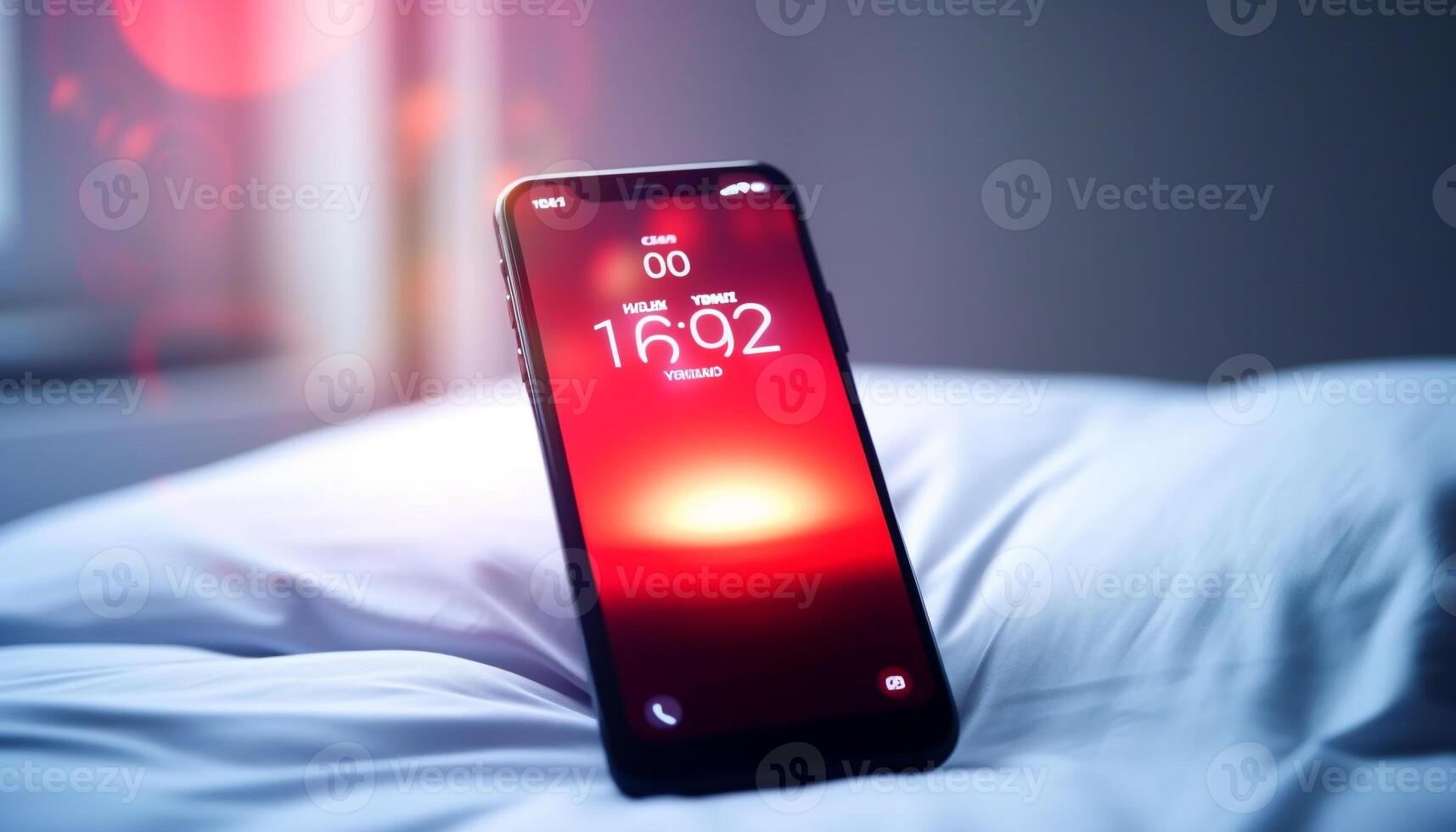 hand- Holding gloeiend smartphone verlicht donker slaapkamer gegenereerd door ai foto