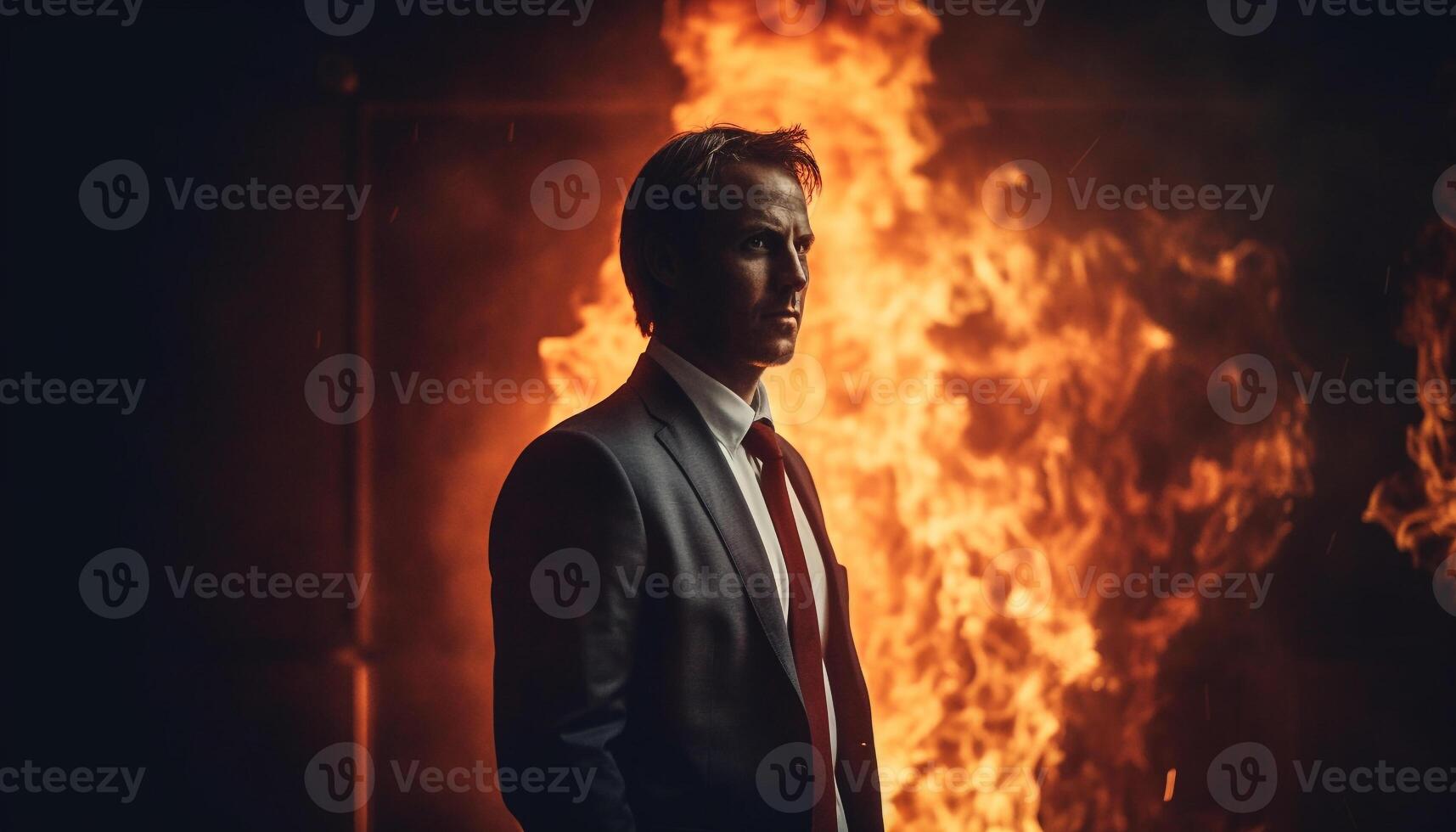 zelfverzekerd zakenman staand temidden van brandend natuurlijk fenomeen gegenereerd door ai foto