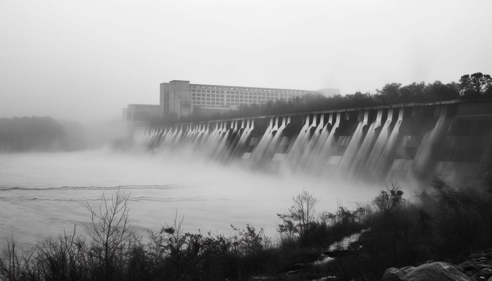 hydro-elektrisch macht station genereert elektriciteit gebruik makend van water stromen gegenereerd door ai foto