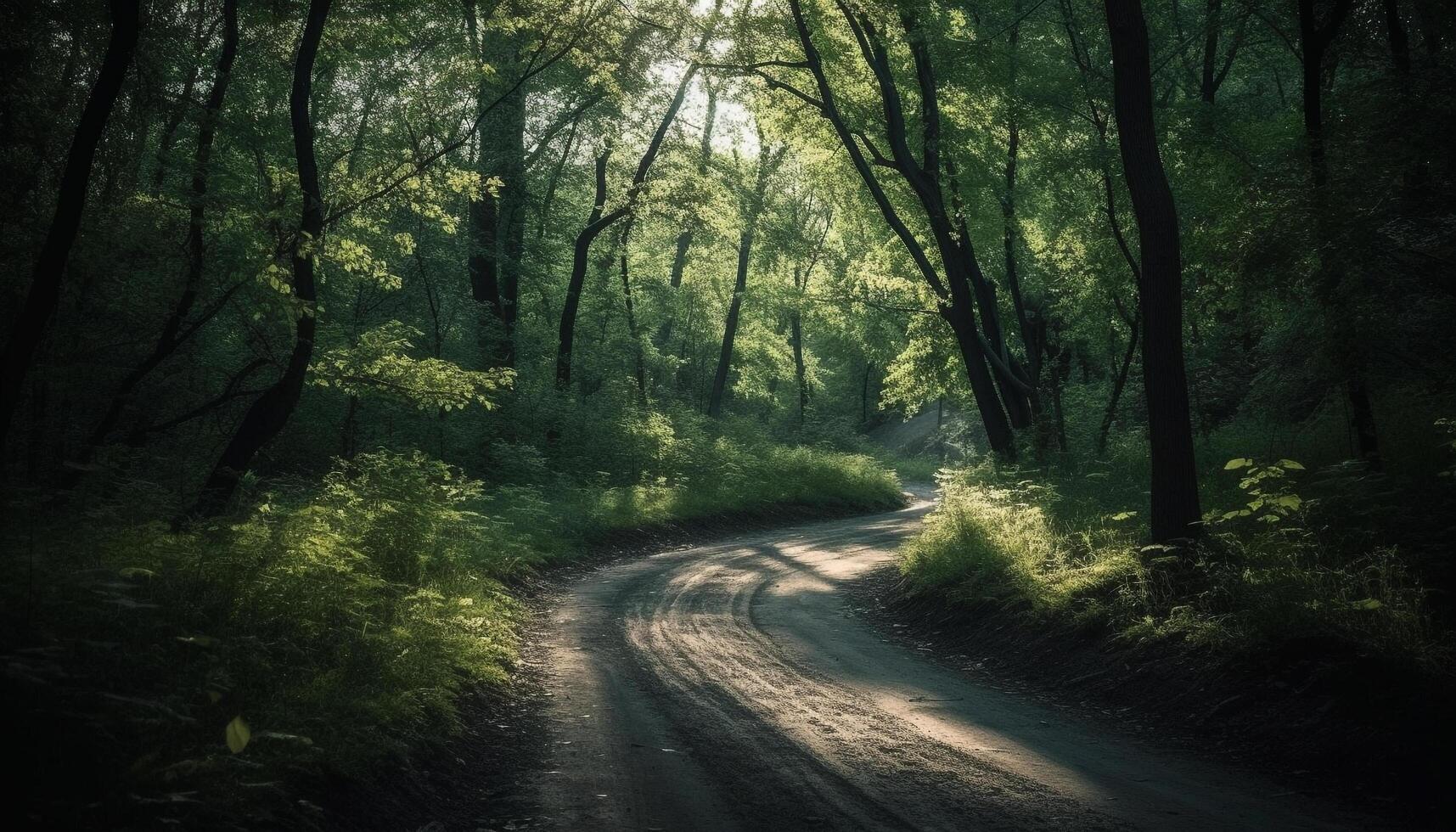 groen bomen lijn de kronkelend land weg gegenereerd door ai foto