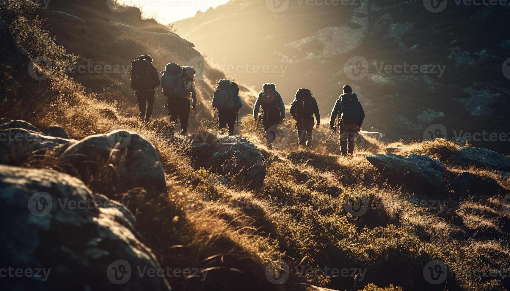 mannen en Dames wandelen berg spoor Bij zonsopkomst gegenereerd door ai foto