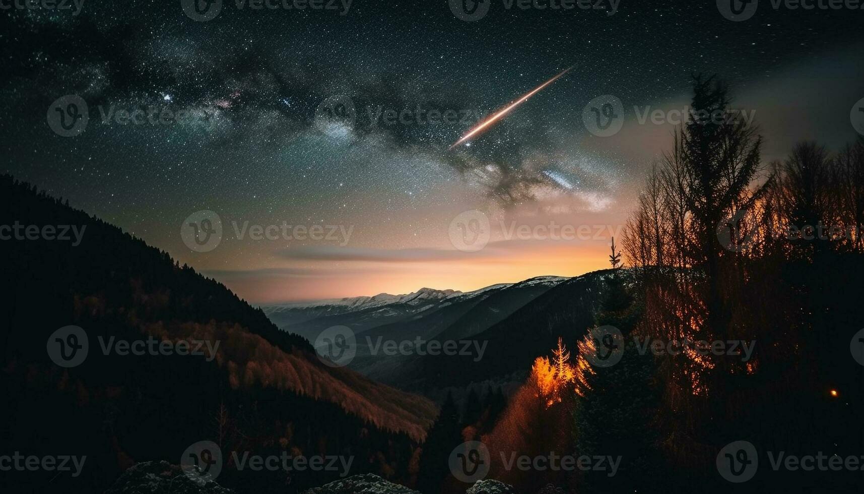 majestueus berg top verlichte door ster veld- gegenereerd door ai foto