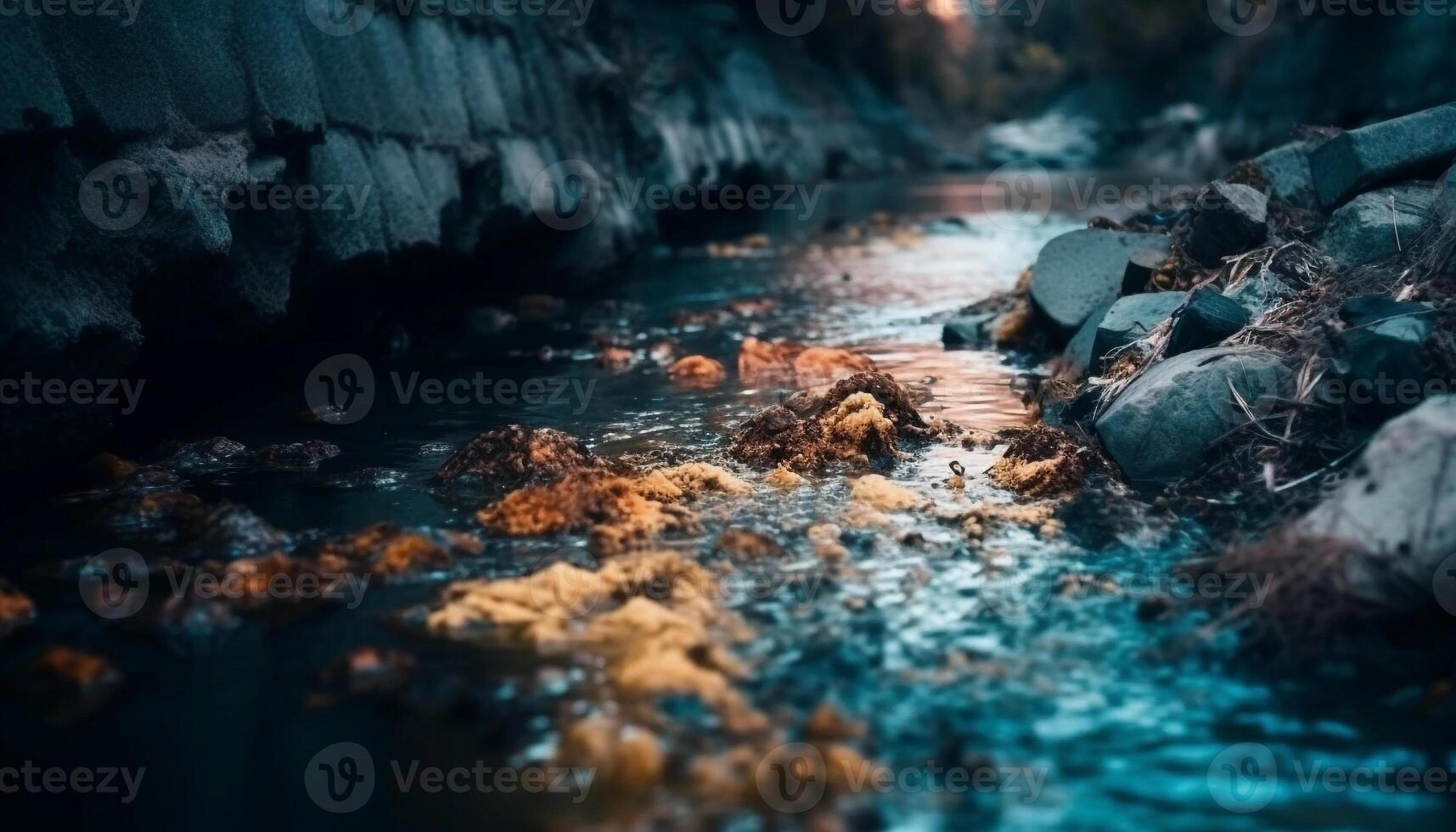 vloeiende water watervallen naar beneden rotsachtig ravijn pad gegenereerd door ai foto