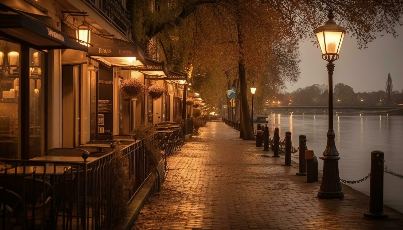 verlichte lantaarns lijn de oud kanaal waterkant gegenereerd door ai foto