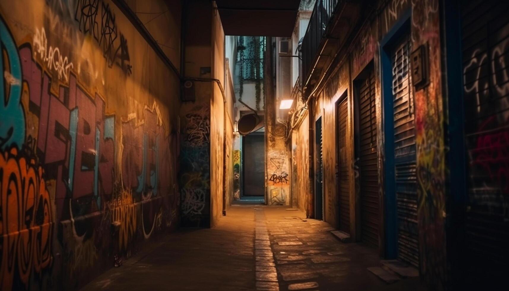 donker oud architectuur, vuil versmallen straat verlichte spookachtig lantaarn gegenereerd door ai foto