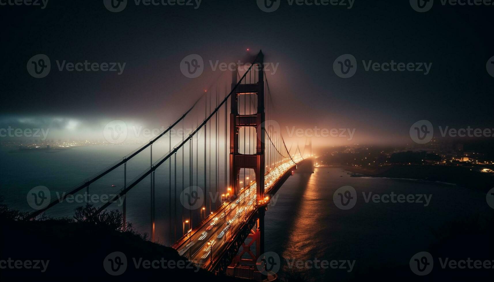 suspensie brug verlicht, auto verkeer gedurende zonsondergang gegenereerd door ai foto