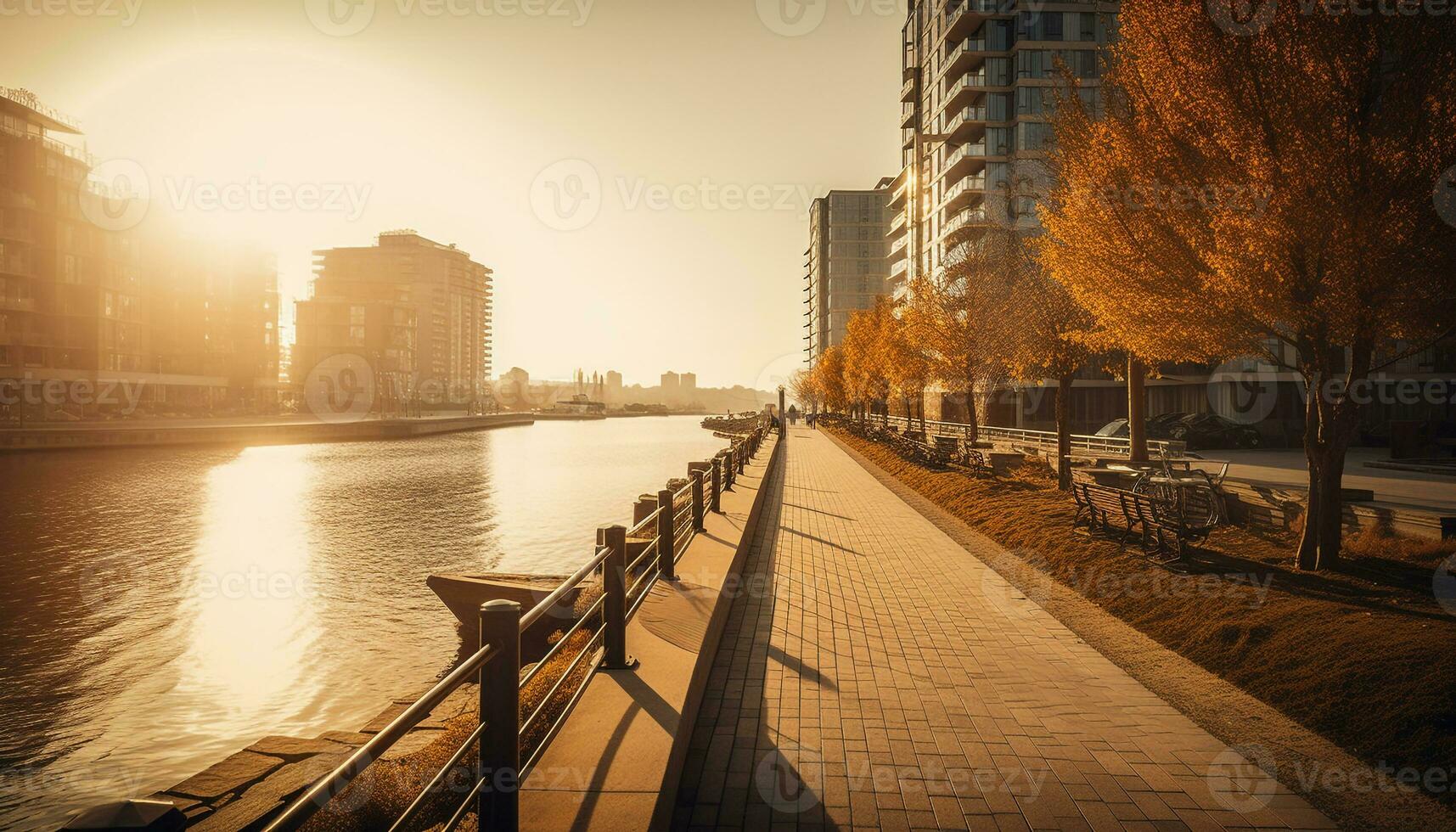 zonsondergang verlicht modern wolkenkrabbers Aan waterkant bank gegenereerd door ai foto