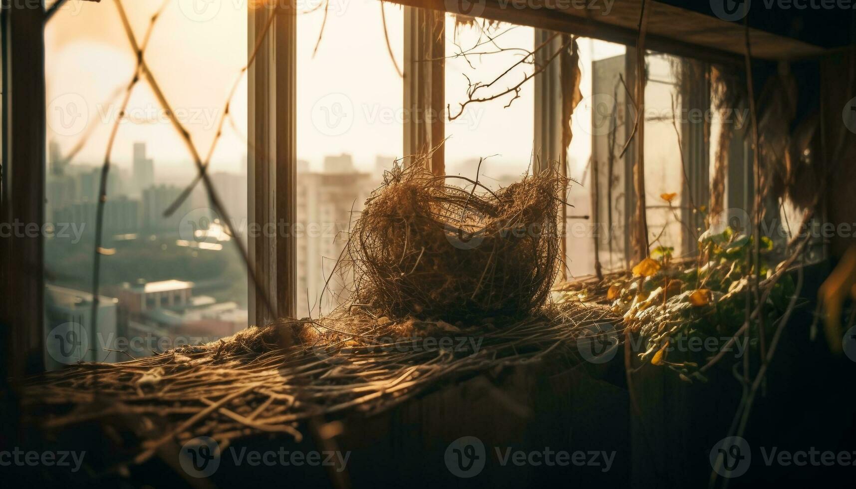 zonsondergang verlicht rustiek boerderij venster in oud hout gegenereerd door ai foto