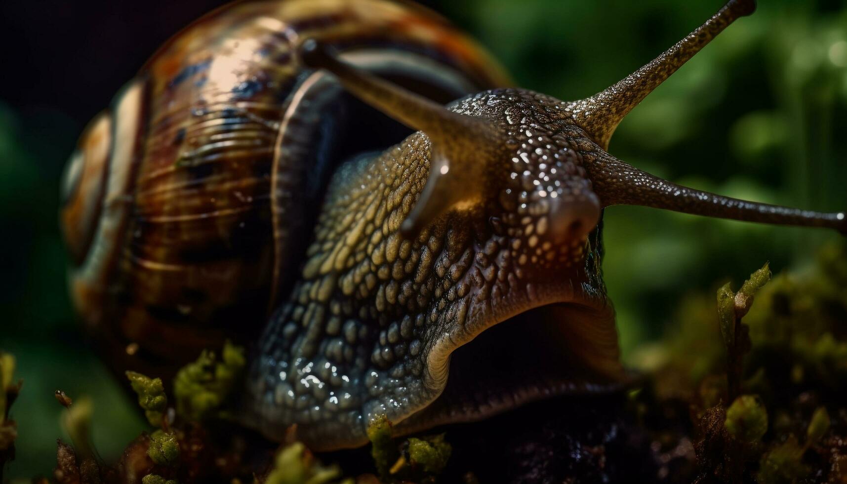 langzaam kruipen, een slijmerig tuin slak eet gegenereerd door ai foto