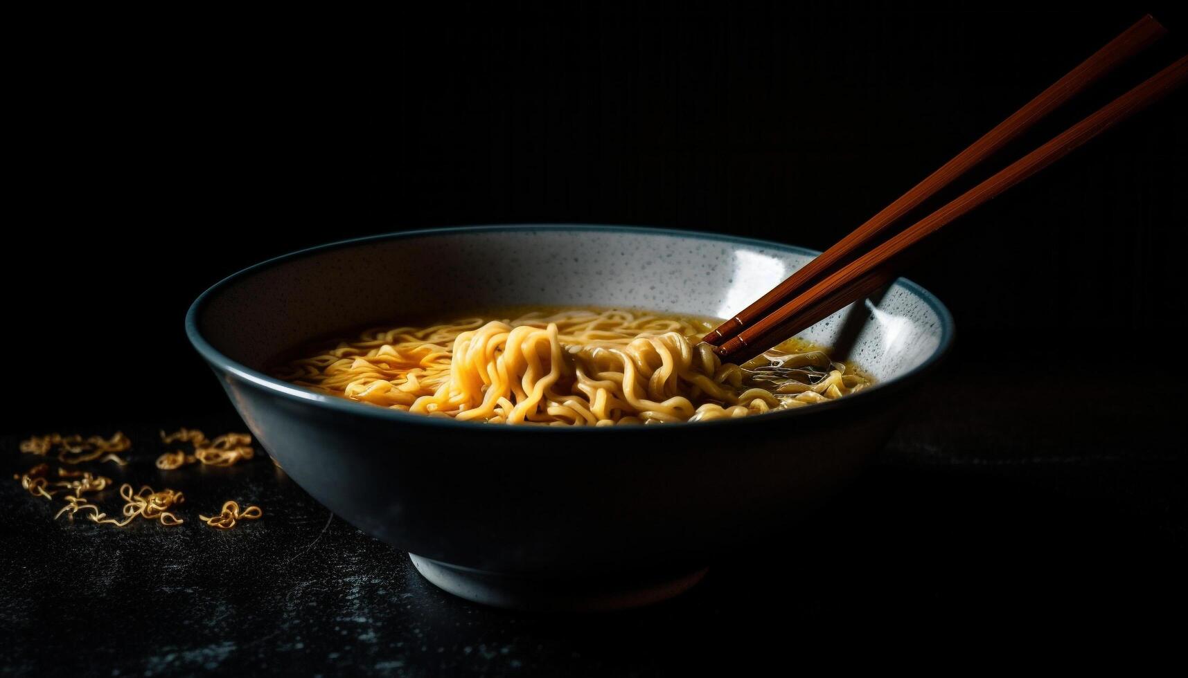 vers gekookt noodle soep in geel serviesgoed gegenereerd door ai foto